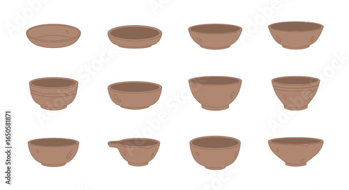 Illustrated collection of rustic brown ceramic bowls. Hand-drawn earthenware pottery set with various shapes and imperfect textures.