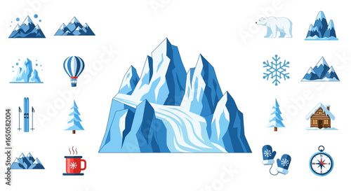 Illustrated Mountain Range with Snow-Capped Peaks and Glacier