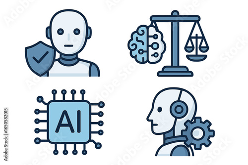 AI ethics icon set. Artificial intelligence concepts with robot, brain, and law scale. Vector illustration for technology, machine learning, security, and cyborg themes.