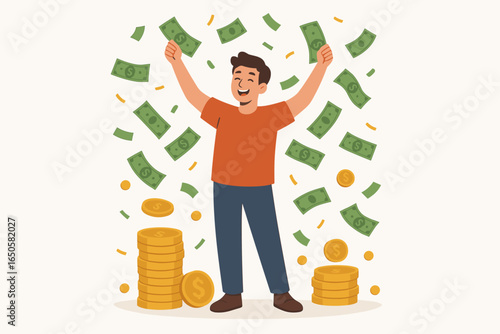 Happy man celebrating financial success under a money rain of cash and coins. Rich businessman gets wealthy from profit, savings, or winning the lottery. Vector concept.