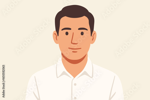 Male person face and upper body portrait. Vector illustration of a young man with a regular face expression. Avatar for social media. Corporate business character. Profile icon.