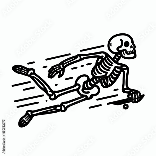 A Skeleton gliding. Retro Vintage Line Art Clipart Silhouette Vector Illustration. .