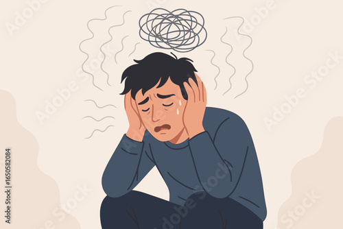 Man with anxiety and depression. Sad, lonely person with mental disorder and stress. Frustrated character with confused thoughts. Psychology, fear and despair concept vector.