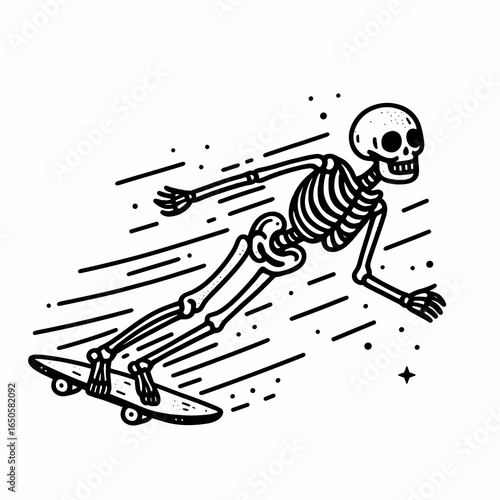 A Skeleton gliding. Retro Vintage Line Art Clipart Silhouette Vector Illustration. .