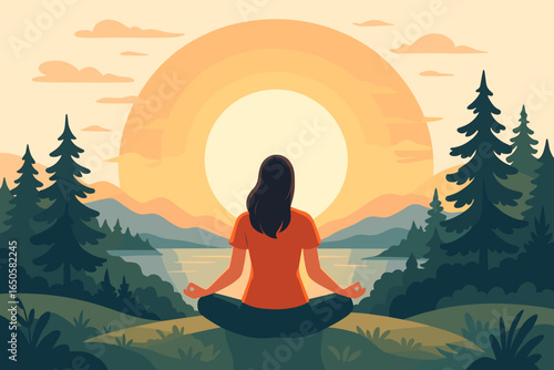 Woman meditating in nature. Girl in lotus pose doing yoga for relaxation, mindfulness, and wellness. Serene mountain and forest landscape view with a big bright sun.