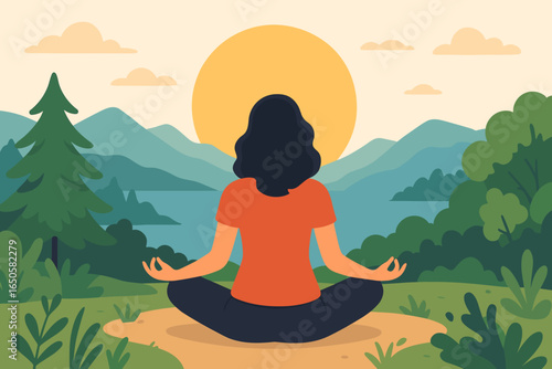 Woman meditating in nature. Girl in lotus pose doing yoga for relaxation, mindfulness, and mental health. Serene landscape with mountains, lake, and sun. Spiritual retreat.