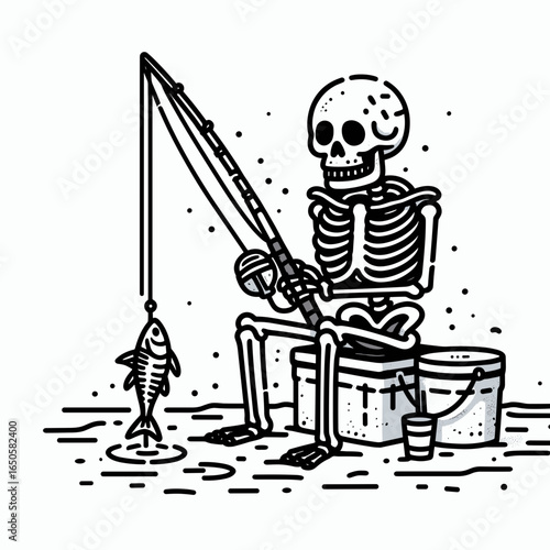 A Skeleton ice fishing. Retro Vintage Line Art Clipart Silhouette Vector Illustration. .