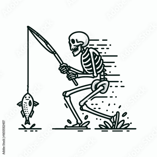 A Skeleton ice fishing. Retro Vintage Line Art Clipart Silhouette Vector Illustration. .