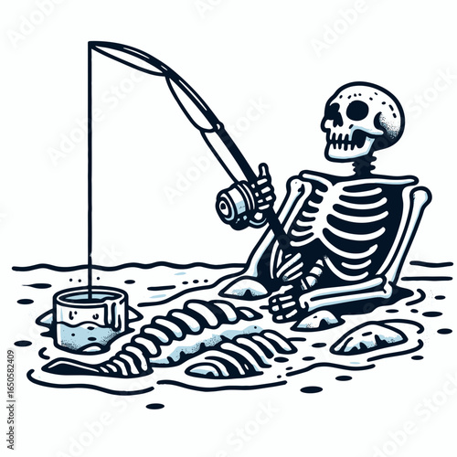 A Skeleton ice fishing. Retro Vintage Line Art Clipart Silhouette Vector Illustration. .