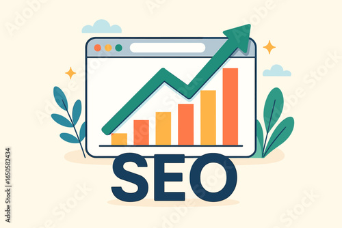 SEO search engine optimization concept. Website traffic growth and ranking analysis. Digital marketing strategy for business success with data graph chart and upward arrow. Vector.