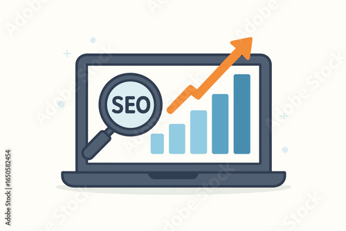 SEO optimization concept. Search engine marketing strategy for business growth. Laptop with data analysis graph showing traffic increase and better ranking results. Flat vector.