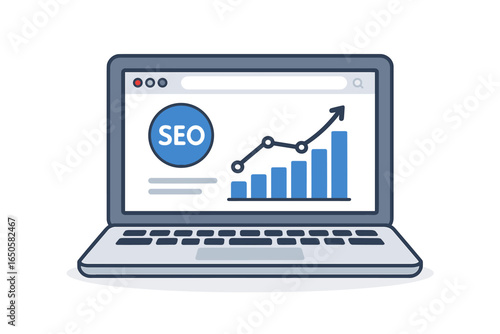 SEO optimisation analysis vector illustration. Laptop with website search engine ranking report. Digital marketing data, traffic growth chart, and keyword strategy concept.