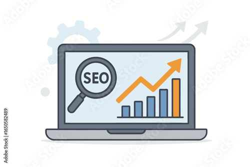 SEO optimization vector concept. Search engine marketing strategy for website traffic growth. Digital data analysis and business report with graph chart on laptop screen.