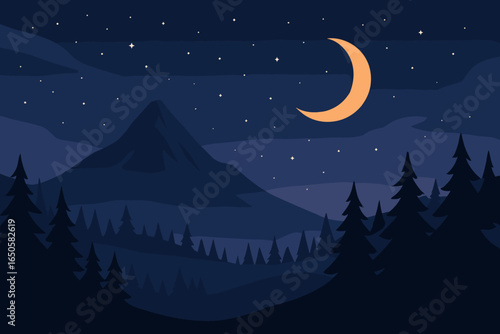 Night landscape with mountain, forest, and crescent moon. Vector illustration of a beautiful nature scene with a starry sky. Outdoor wilderness scenery in a flat cartoon style.