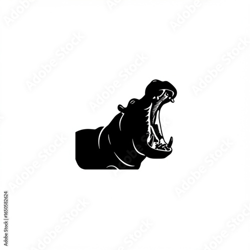 Striking black silhouette of a powerful hippopotamus with its mighty jaws wide open, showcasing the formidable presence and untamed essence of this large wild mammal.