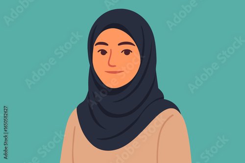 Portrait of a young Muslim woman wearing a hijab. Arabic female character avatar icon. Flat design vector illustration for diversity and inclusion concepts. Islamic headscarf.