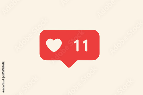 Social media likes icon. Red notification bubble with heart symbol and follower number counter. Like button for social network. Flat design vector cartoon for mobile app UI. Love.