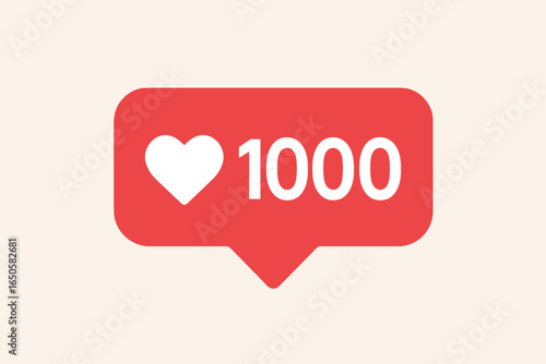 Social media notification with 1000 likes and a heart. Follower engagement and community success concept. Vector illustration for app interface, web design, or marketing.