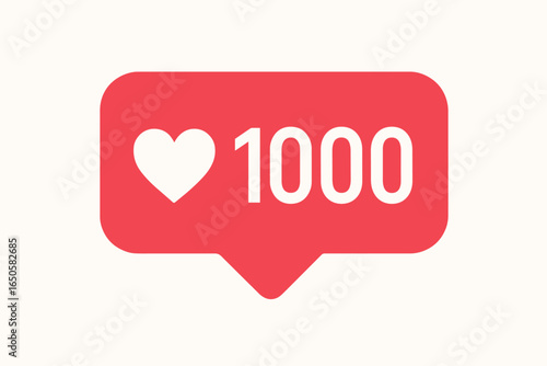 Social media like icon with 1000 likes. Red notification bubble with heart symbol. Follower counter for network success, popularity, and engagement. Flat design vector.
