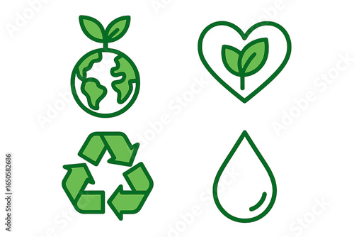 Set of green icons representing sustainability, nature conservation, recycling, and water preservation. Eco-friendly concepts for environmental care. Vector line art illustration.