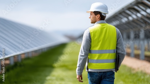Thoughtful engineer inspects vast solar panel array, representing renewable energy. Wearing hard hat safety vest, he walks field, overseeing sustainable power generation. Symbolizes eco-friendly
