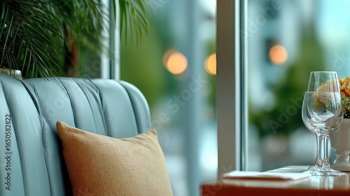 Elegant, inviting interior shot features luxurious leather couch with plush pillow. Wine glass floral arrangement sit on wooden table near window with blurred outdoor bokeh. Setting is perfect