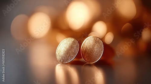 Elegant golden cuff links, luxurious symbol style sophistication. These circular accessories reflect light, creating warm, blurred background, perfect business, formal, fashion concepts. Close-up