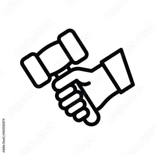 A hand holds a gavel, web icon in line style. Editable stroke