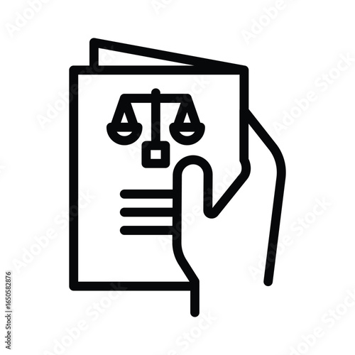 A hand holds a document with a scales of justice icon and three horizontal lines, web icon in line style. Editable stroke