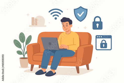 Online security and data protection concept. Man on sofa at home using laptop with wifi. Cybersecurity, internet privacy, and VPN service flat vector illustration with icons.