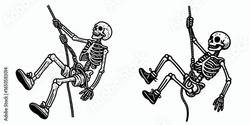 A Skeleton rappelling. Retro Vintage Line Art Clipart Silhouette Vector Illustration. .