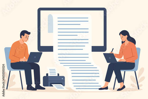 Business people reading long digital document. Man and woman working on laptops, writing and editing text. Concept of content creation, printing, teamwork, collaboration.