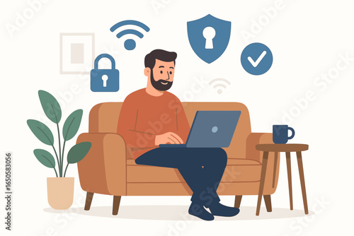 Cybersecurity concept. Man on sofa with laptop using secure wifi. Internet security, data protection, vpn, privacy, antivirus. Password safety. Flat design vector illustration.