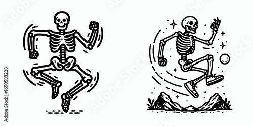 A Skeleton rock skipping. Retro Vintage Line Art Clipart Silhouette Vector Illustration. .