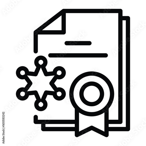 A line drawing of a document stack with a badge and ribbon, web icon in line style. Editable stroke