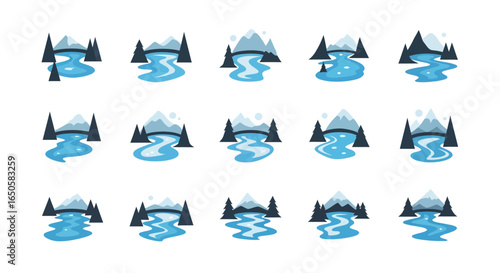 Stylized Mountain River and Forest Scene Icons