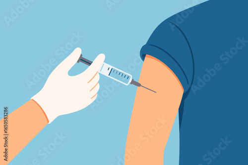 Vaccine injection in arm. Doctor hand in glove with syringe making vaccination to patient. Medicine, immunization and health care concept. Flu or Covid-19 shot vector.