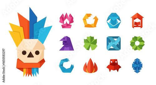 Stylized Origami Skull with Colorful Feather Headdress and Scarf