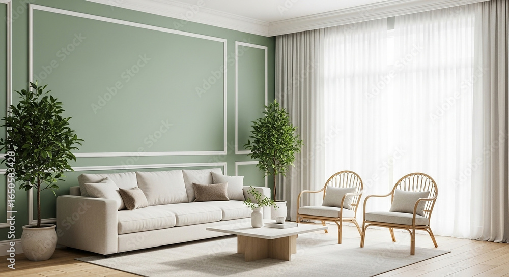 Fototapeta premium A bright and airy living room featuring a comfortable sofa, armchairs, and decorative plants.