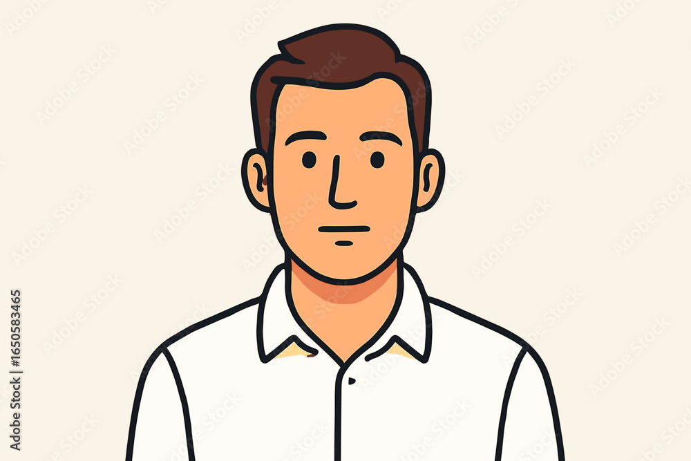 Male person face and upper body portrait. Vector illustration of a man with a neutral face expression. Businessman in white shirt. Flat design cartoon avatar for profile. Male person face and upper body portrait. Vector illustration of a man with a neutral face expression. Businessman in white shirt. Flat design cartoon avatar for profile.