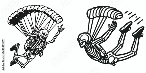 A Skeleton skydiving. Retro Vintage Line Art Clipart Silhouette Vector Illustration. .