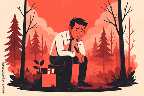 Sad unemployed man feels worried and depressed after losing his job. Fired office worker with box of belongings. Layoff, job loss, financial crisis and economy problems concept.