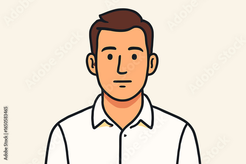 Male person face and upper body portrait. Vector illustration of a man with a neutral face expression. Businessman in white shirt. Flat design cartoon avatar for profile.