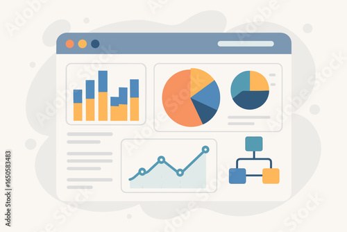 Business data analysis dashboard UI. Online service for analytics and statistics. Financial report with infographic charts, graphs, diagrams. Marketing strategy. Vector.