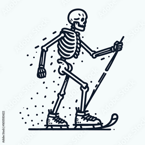 A Skeleton snowshoeing. Retro Vintage Line Art Clipart Silhouette Vector Illustration. .