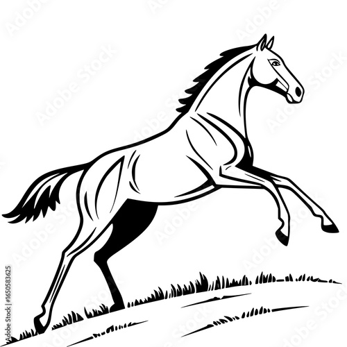 A black and white vector illustration of a horse rearing up over a patch of grass with a white background