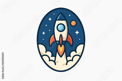 Rocket launch into space logo concept. Spaceship startup mission emblem. Vector cartoon illustration for business, technology and exploration. Flat design flight icon.