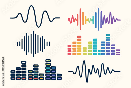 Vector set of sound waves and audio equalizer graphics. Music song voice frequency waveform. Digital audio spectrum and radio pulse signal. Simple cartoon design elements.