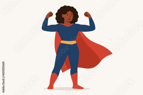 Strong Black woman superhero flexing muscles. Concept of feminism, girl power, confidence and equality. Powerful African American female hero character in a cape. Flat vector.