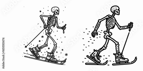 A Skeleton snowshoeing. Retro Vintage Line Art Clipart Silhouette Vector Illustration. .